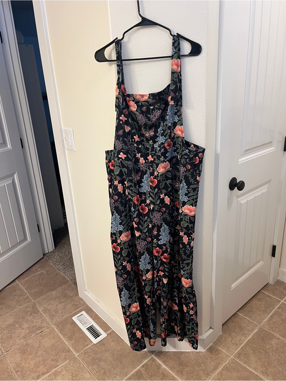 Cider Black Floral Wide-Leg Jumpsuit with Coral and Blue Flowers